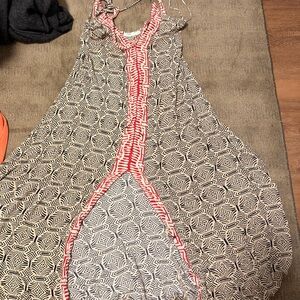 Pull&Bear Black-and-White Geometric Maxi Dress with Coral Trim